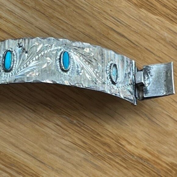 Vtg. MEXICO 4 Panel Cuff Bracelet TURQUOISE INLAYS Artisan MMS and Eagle - Picture 9 of 11